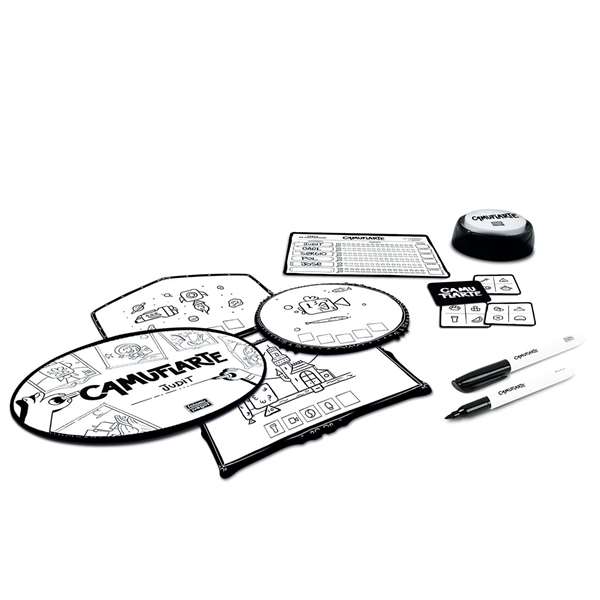 Falomir Jeu Camuflarte - Jeu de société en espagnol avec 6 ardoises, 6 feutres, 6 gommes, 1 tableau de scores, 54 cartes et 1 minuteur pour enfants 6 mois à 8 ans