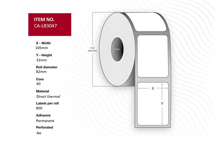 Capture Étiquette Thermique 105 x 32 mm - Blanc Permanent - Mandrin 40 Ø 82 mm - 850 Étiquettes par Rouleau - Boîte de 28 Rouleaux Capture Étiquette Thermique 105 x 32 mm - Blanc Permanent - Mandrin 40 Ø 82 mm - 850 Étiquettes par Rouleau - Boîte de 28 Rouleaux
