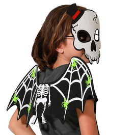 Déguisement Squelette avec Masque Crâne et Ailes Noires Décorées Toile d'Araignée - Halloween Costume Enfant Garçon