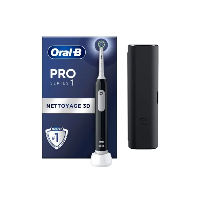 Oral-B Brosse à Dents Électrique Pro 1 Noire, Capteur de Pression 360, Minuterie 2 min, Autonomie 7 Jours avec Brossette, Chargeur et Étui de Voyage