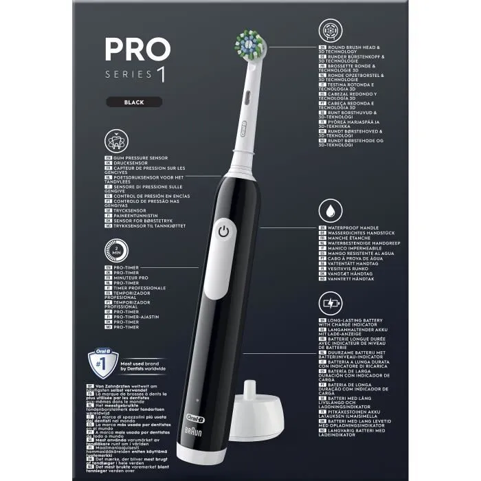 Oral-B Brosse à Dents Électrique Pro 1 Noire, Capteur de Pression 360, Minuterie 2 min, Autonomie 7 Jours avec Brossette, Chargeur et Étui de Voyage