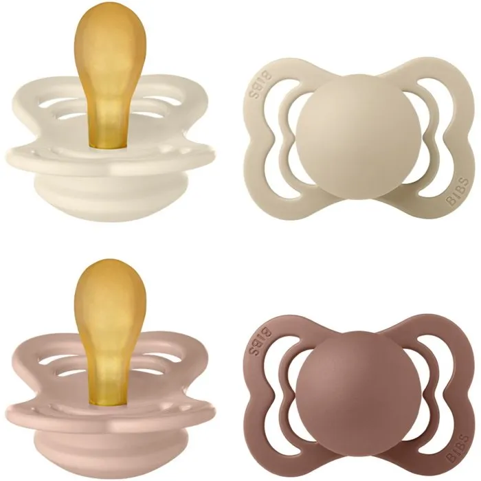 Bibs Pack de 4 sucettes Supreme symétriques T1, Caoutchouc naturel, Ivory Vanilla Blush Woodchuck
