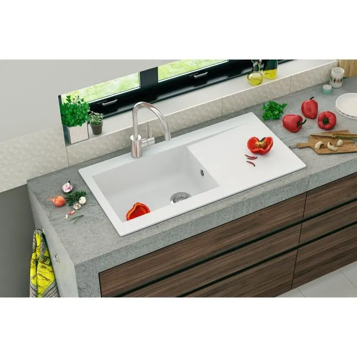 Stradour LIERRA Évier à encastrer résine blanc 100x50 cm rectangulaire avec vidage manuel