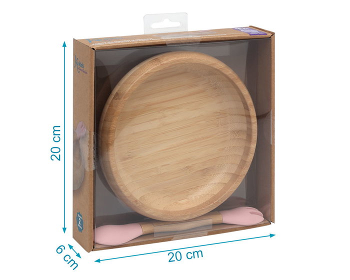 KioKids Set de Vaisselle Bébé en Bambou et Silicone Rosa, avec Couteau-Cuillère, Ventouse, pour Enfants +4 Mois - Écologique et Antidérapant