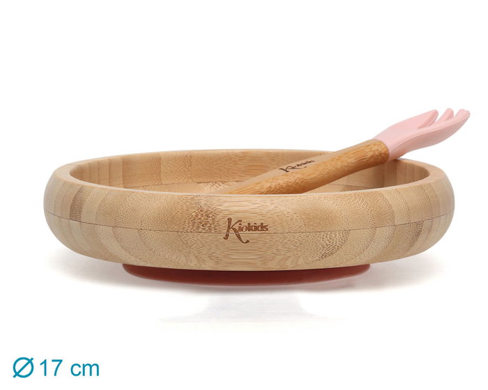 KioKids Set de Vaisselle Bébé en Bambou et Silicone Rosa, avec Couteau-Cuillère, Ventouse, pour Enfants +4 Mois - Écologique et Antidérapant
