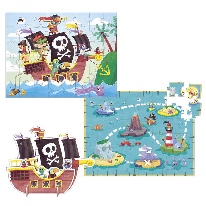 Goula Puzzle XXL Thème Pirates - 48 Pièces Extra-Larges avec Illustrations et Carte au Trésor - À partir de 3 ans