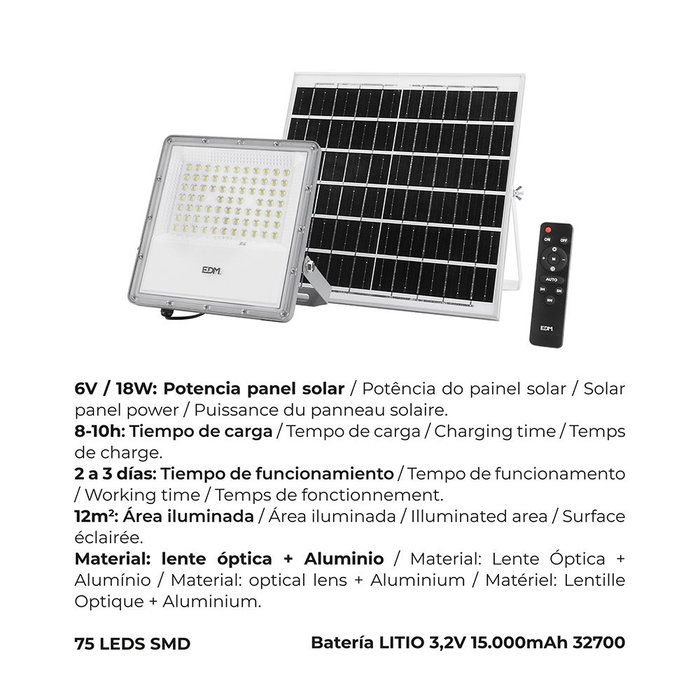 EDM Projecteur LED Solaire 200W 1500lm 6500K Lumière Froide IP65 avec Panneau Solaire et Télécommande EDM Projecteur LED Solaire 200W 1500lm 6500K Lumière Froide IP65 avec Panneau Solaire et Télécommande