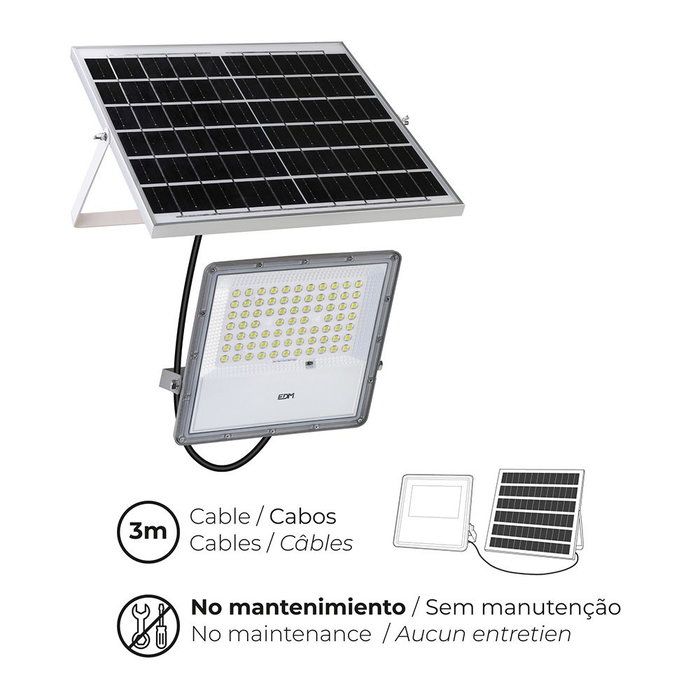 EDM Projecteur LED Solaire 200W 1500lm 6500K Lumière Froide IP65 avec Panneau Solaire et Télécommande EDM Projecteur LED Solaire 200W 1500lm 6500K Lumière Froide IP65 avec Panneau Solaire et Télécommande