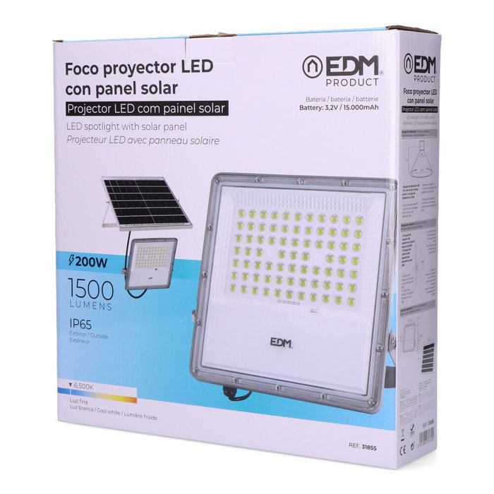 EDM Projecteur LED Solaire 200W 1500lm 6500K Lumière Froide IP65 avec Panneau Solaire et Télécommande EDM Projecteur LED Solaire 200W 1500lm 6500K Lumière Froide IP65 avec Panneau Solaire et Télécommande