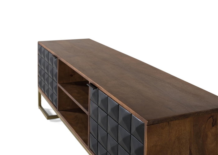 GINER Y COLOMER Meuble TV 150 cm en bois de manguier avec finition noisette, portes noires géométriques et pates dorées, Fabrication artisanale