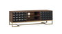 GINER Y COLOMER Meuble TV 150 cm en bois de manguier avec finition noisette, portes noires géométriques et pates dorées, Fabrication artisanale