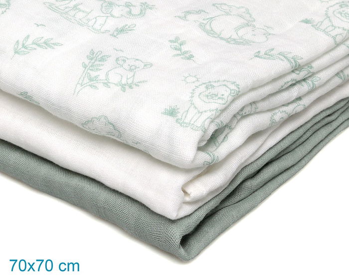 KioKids Set de 3 Muselinas Bébé 70x70 cm - Bambou et Coton - Vert, Blanc et Imprimé Jungle - Standard 100 by OEKO-TEX KioKids Set de 3 Muselinas Bébé 70x70 cm - Bambou et Coton - Vert, Blanc et Imprimé Jungle - Standard 100 by OEKO-TEX