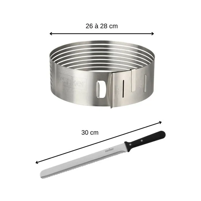 Zenker - Ensemble de 2 ustensiles de pâtisserie : Couteau professionnel de 30 cm et cercle à trancher réglable diamètre 26-28 cm pour layer cakes et gâteaux multicouches