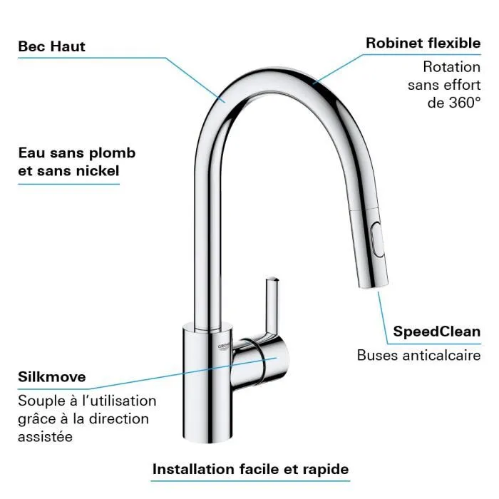 GROHE 31486001 - Mitigeur de cuisine évier haut Feel, douchette extractible 2 jets (jet laminaire/pluie), rotation 360°, bec en U pivotant, limiteur de débit