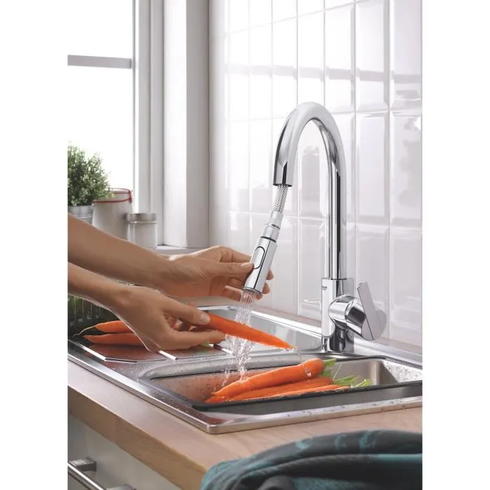 GROHE 31486001 - Mitigeur de cuisine évier haut Feel, douchette extractible 2 jets (jet laminaire/pluie), rotation 360°, bec en U pivotant, limiteur de débit