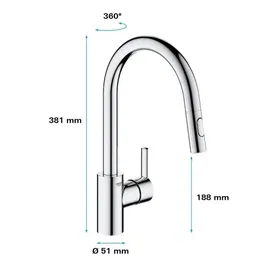 GROHE 31486001 - Mitigeur de cuisine évier haut Feel, douchette extractible 2 jets (jet laminaire/pluie), rotation 360°, bec en U pivotant, limiteur de débit