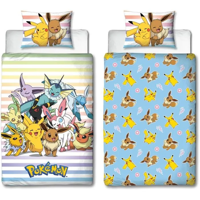Pokemon Parure de lit réversible Pikachu et Evoli - Microfibre - 1 housse de couette 140 x 200 cm + 1 taie 63 x 63 cm Pokemon Parure de lit réversible Pikachu et Evoli - Microfibre - 1 housse de couette 140 x 200 cm + 1 taie 63 x 63 cm