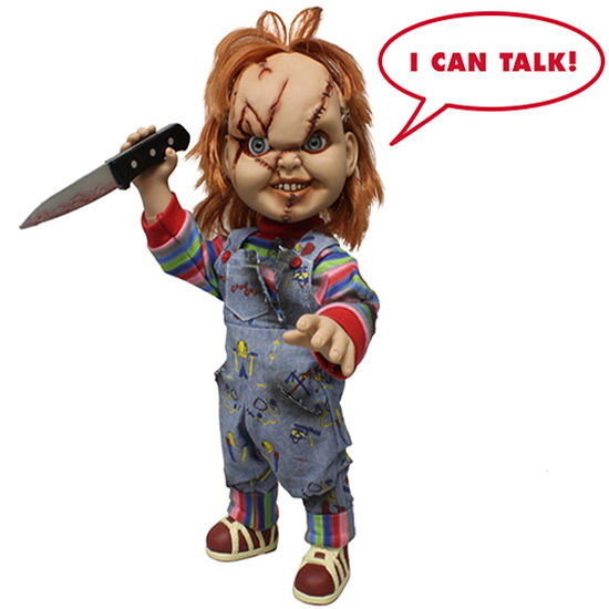 MEZCO TOYZ Figurine Chucky Le Poupon Diabolique parlante 38 cm avec 7 phrases, articulations et accessoires (Version espagnole)