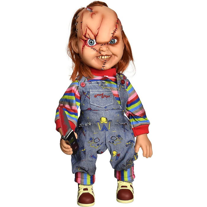 MEZCO TOYZ Figurine Chucky Le Poupon Diabolique parlante 38 cm avec 7 phrases, articulations et accessoires (Version espagnole)