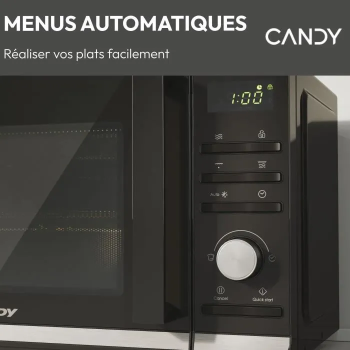 Candy CMGA20TNDB Micro-ondes Gril 20L Digital Noir 700W - Fonction Décongélation, 11 Niveaux de Puissance, 19 Menus Auto
