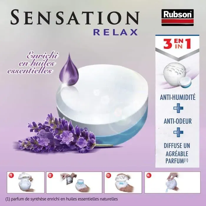Rubson Sensation 2 Power Tabs 3en1 Recharge parfumée à la lavande provençale pour absorbeur d'humidité, lot de 6, air assaini