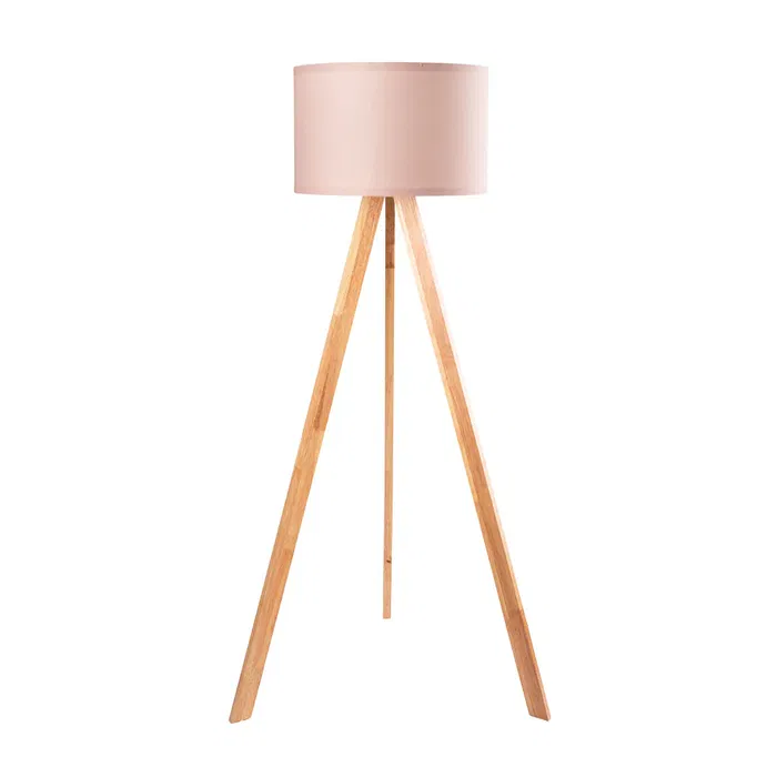 Lampe sur pied trépied Pyongyang [OPV-780SGN2422] en bois et tissu, douille E27, style naturel, nordique, rustique