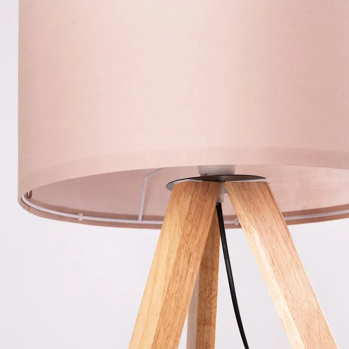 Lampe sur pied trépied Pyongyang [OPV-780SGN2422] en bois et tissu, douille E27, style naturel, nordique, rustique
