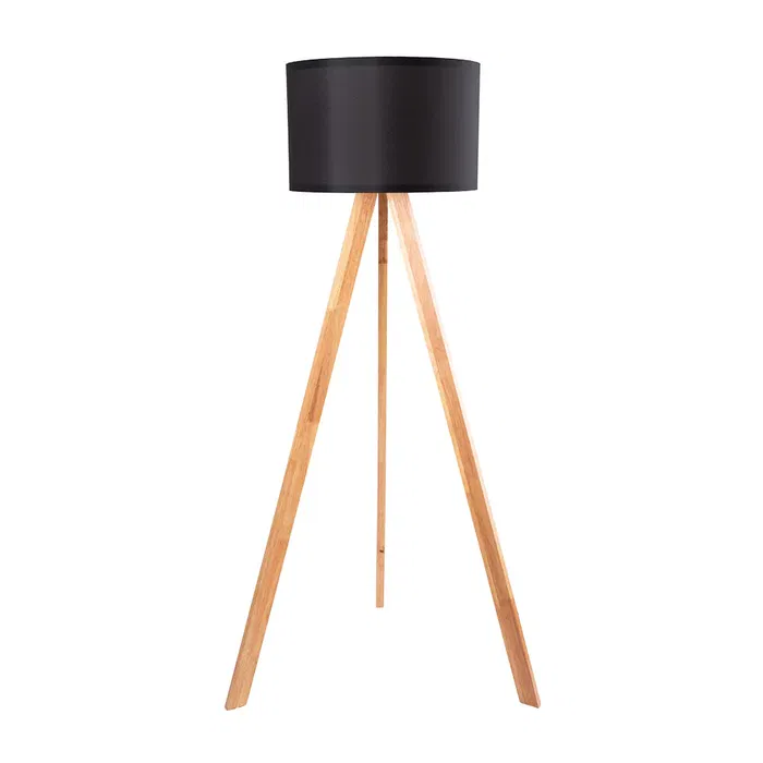 Lampe sur pied trépied Pyongyang [OPV-780SGN2422] en bois et tissu, douille E27, style naturel, nordique, rustique