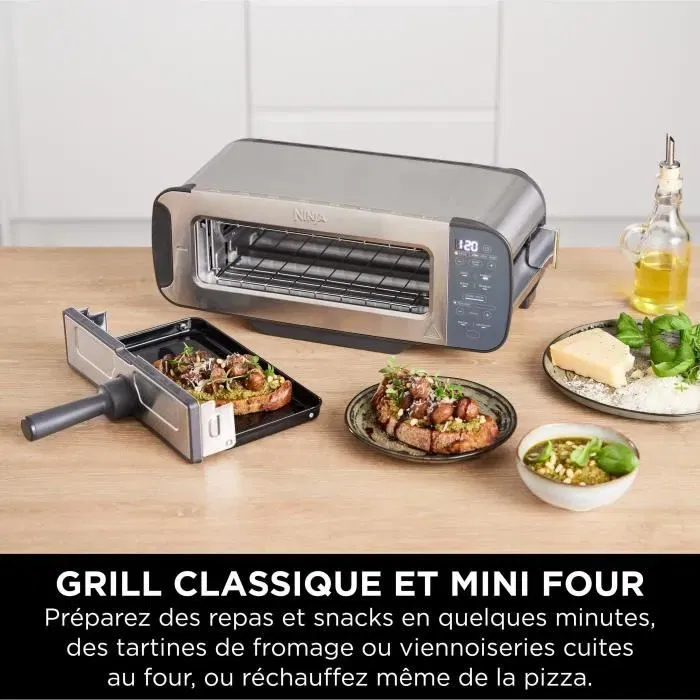 Ninja Foodi ST202EU - Grille-pain 3 en 1, 2400 W, 7 fonctions (grille, panini, réchauffe), fente large pour baguette, inox - Presse panini et ramasse-miettes inclus