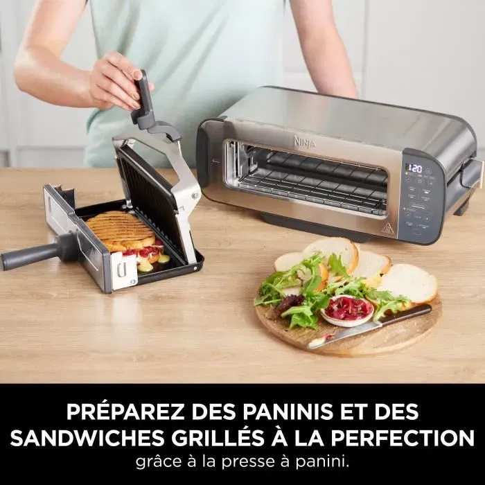 Ninja Foodi ST202EU - Grille-pain 3 en 1, 2400 W, 7 fonctions (grille, panini, réchauffe), fente large pour baguette, inox - Presse panini et ramasse-miettes inclus
