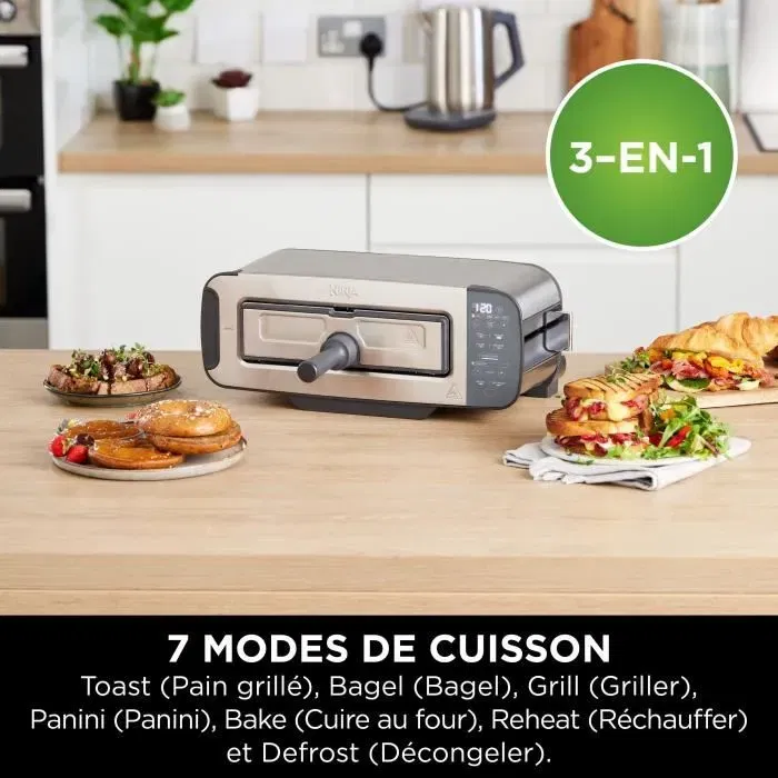 Ninja Foodi ST202EU - Grille-pain 3 en 1, 2400 W, 7 fonctions (grille, panini, réchauffe), fente large pour baguette, inox - Presse panini et ramasse-miettes inclus