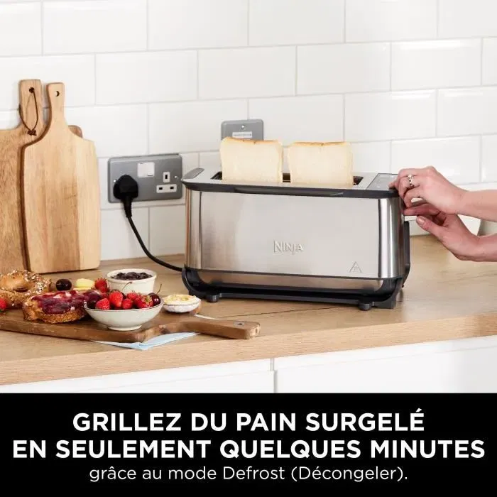 Ninja Foodi ST202EU - Grille-pain 3 en 1, 2400 W, 7 fonctions (grille, panini, réchauffe), fente large pour baguette, inox - Presse panini et ramasse-miettes inclus