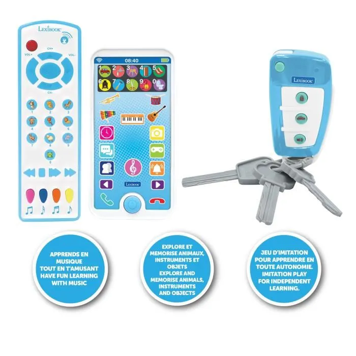 Lexibook Jouet Educatif Portable Telephone Telecommande et Porte-Clefs pour Enfants 18 Mois a 6 Ans, Decouvre Animaux Chiffres Couleurs Formes, Sons et Melodies