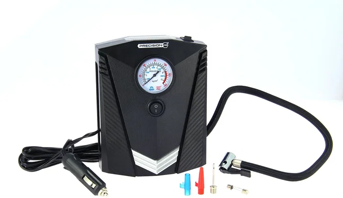 Precision Steel - Mini compresseur d'air 12V, 100W, 8 bars avec manomètre, embouts Presta, Schrader et aiguille, câble 3 m, torche LED