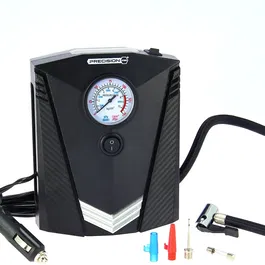 Precision Steel - Mini compresseur d'air 12V, 100W, 8 bars avec manomètre, embouts Presta, Schrader et aiguille, câble 3 m, torche LED