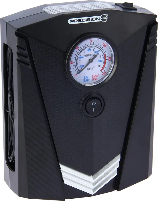 Precision Steel - Mini compresseur d'air 12V, 100W, 8 bars avec manomètre, embouts Presta, Schrader et aiguille, câble 3 m, torche LED