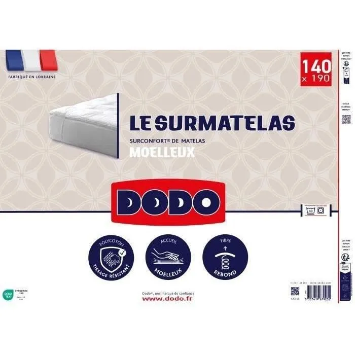 Dodo Surmatelas Confort 140x190 cm, Enveloppe Polyester-Coton, Garnissage Polyester AIR TOP 500g/m²