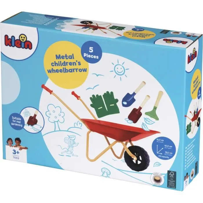 Klein Brouette en métal 7669 pour enfant dès 3 ans - Avec 3 outils et 1 paire de gants - Léger et résistant (78 x 40 x 41 cm, capacité 10 kg)