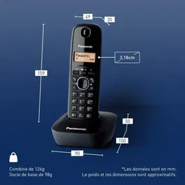 Panasonic Téléphone sans fil KX-TG1611FRH Noir avec écran LCD, répondeur, technologie DECT et fonction mains libres