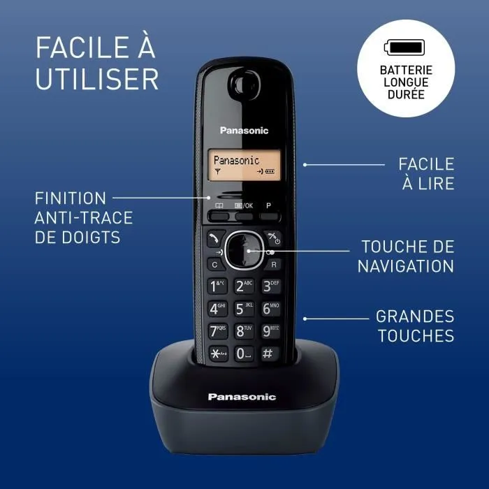 Panasonic Téléphone sans fil KX-TG1611FRH Noir avec écran LCD, répondeur, technologie DECT et fonction mains libres Panasonic Téléphone sans fil KX-TG1611FRH Noir avec écran LCD, répondeur, technologie DECT et fonction mains libres