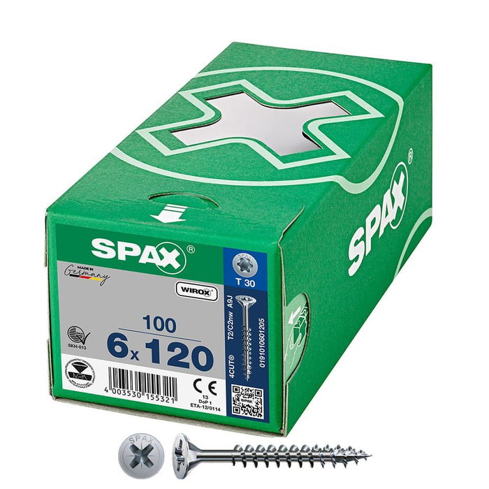 Spax 0191010601205 Boîte de 100 vis universelles tête plate Wirox 6x120mm T30 Spax 0191010601205 Boîte de 100 vis universelles tête plate Wirox 6x120mm T30