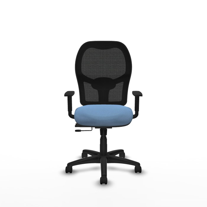 Chaise Alocén Synchrone/Traslack tissu Bleu ciel Maille Noir Structure polyamide noire Accoudoir 1D Sans appui-tête Roulettes en nylon 50 mm