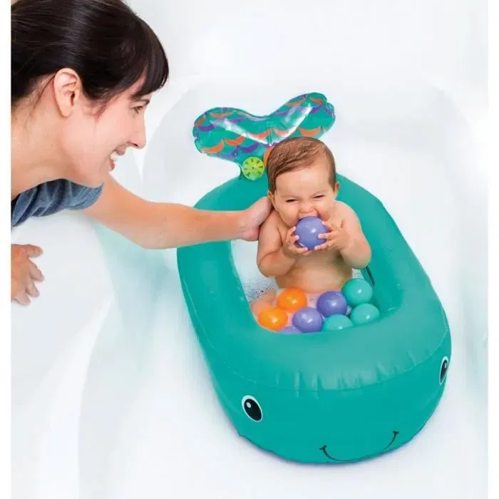 Infantino - Baignoire bébé gonflable baleine avec thermomètre et balles de jeu - 76.2 x 45.7 cm - Bleu - Pour bébés à partir de 6 mois