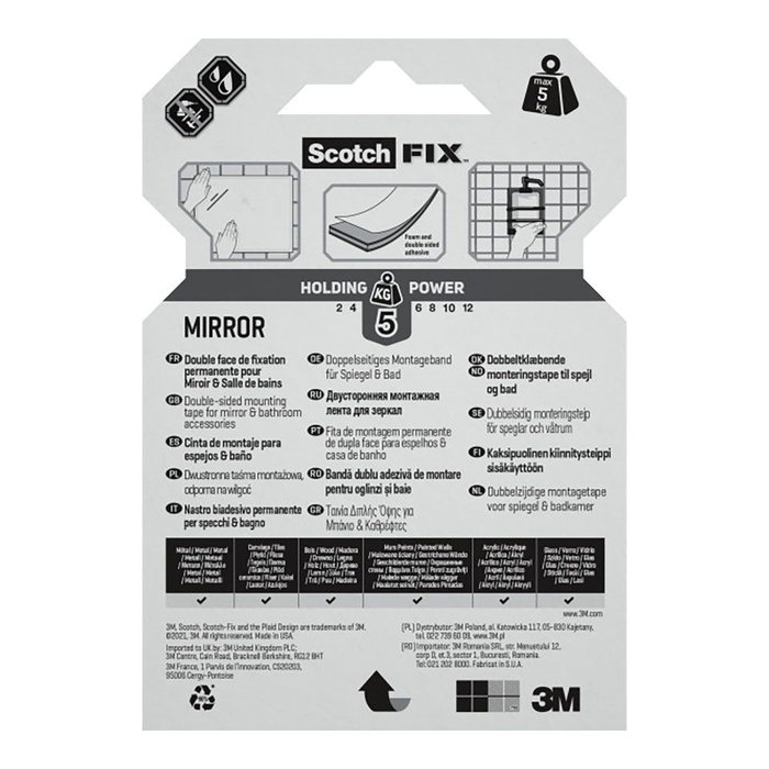 Ruban adhésif double face Scotch 5 kg 19 mm x 1,5 m Miroirs Ruban adhésif double face Scotch 5 kg 19 mm x 1,5 m Miroirs