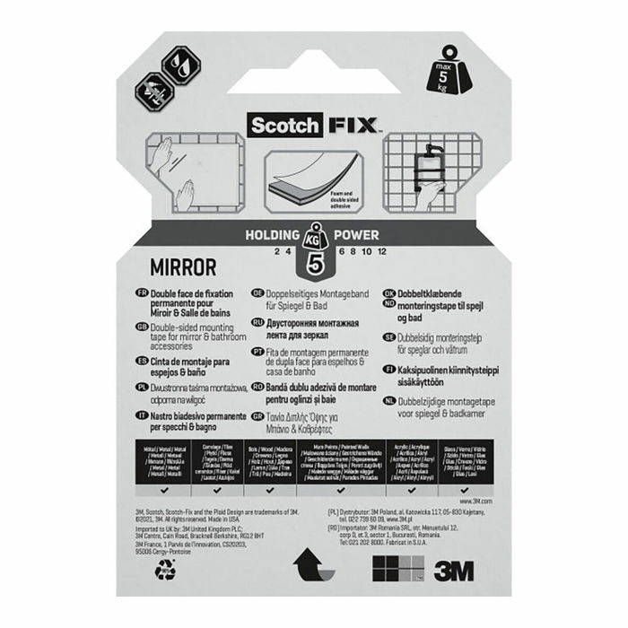 Ruban adhésif double face Scotch 5 kg 19 mm x 1,5 m Miroirs
