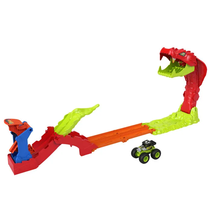 Hot Wheels JJN44 - Coffret de circuit Monster Trucks Bone Shaker - 4 pistes modulables de 15 cm avec lanceur - Jeu enfant 1/64