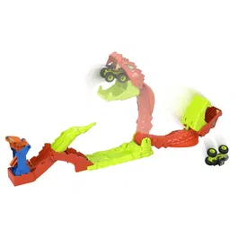 Hot Wheels JJN44 - Coffret de circuit Monster Trucks Bone Shaker - 4 pistes modulables de 15 cm avec lanceur - Jeu enfant 1/64