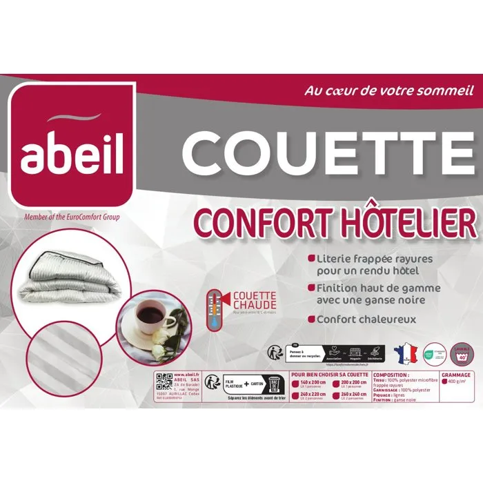 Abeil Couette chaude hôtelière Confort - Hiver, microfibre, garnissage 100% polyester, lavable, passepoil noir, 200 x 200 cm