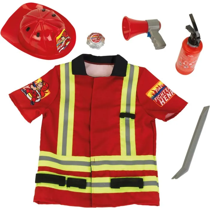 Klein 8985 Costume de pompier enfant 6 pièces - Déguisement avec casque, extincteur, mégaphone - Taille unique 3 à 6 ans