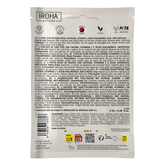 Iroha - Patchs contour des yeux à la caféine - Réduit poches et cernes - 8 ml - Soin K-Beauty Coréen Iroha - Patchs contour des yeux à la caféine - Réduit poches et cernes - 8 ml - Soin K-Beauty Coréen